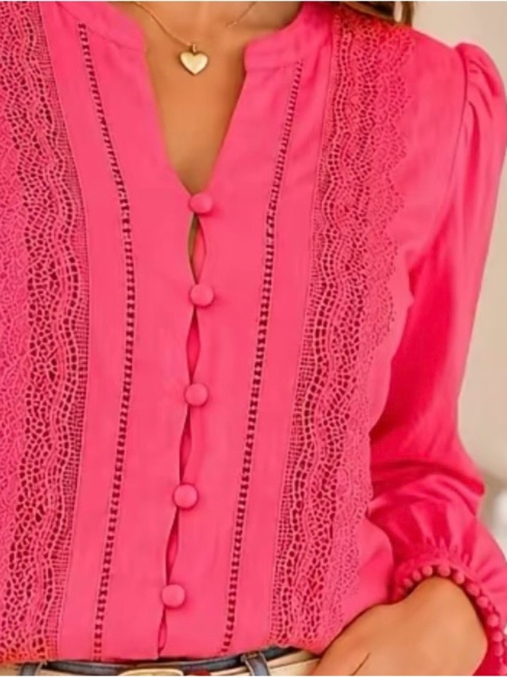 Women's Pink Lace-Trim Button Front Blouse